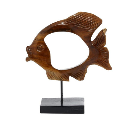 BROWN TEAK WOOD FISH HANDMADE CARVED SCULPTURE WITH STAND