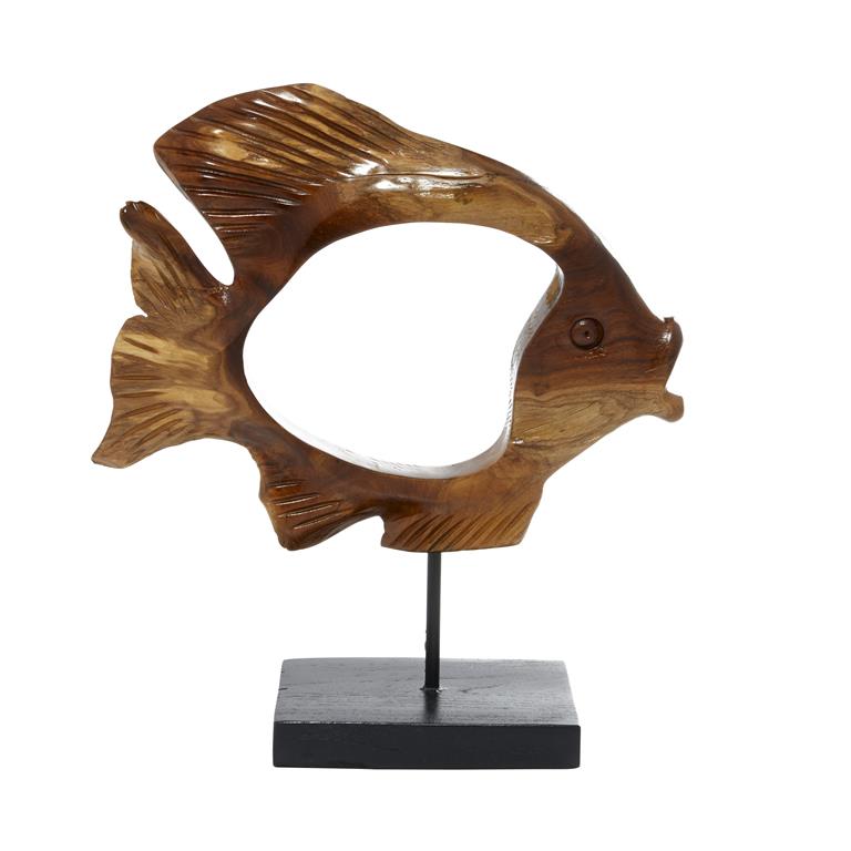 BROWN TEAK WOOD FISH HANDMADE CARVED SCULPTURE WITH STAND