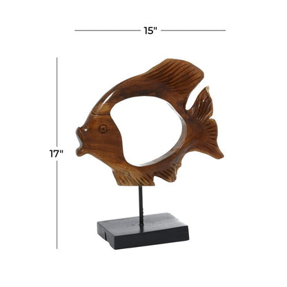 BROWN TEAK WOOD FISH HANDMADE CARVED SCULPTURE WITH STAND