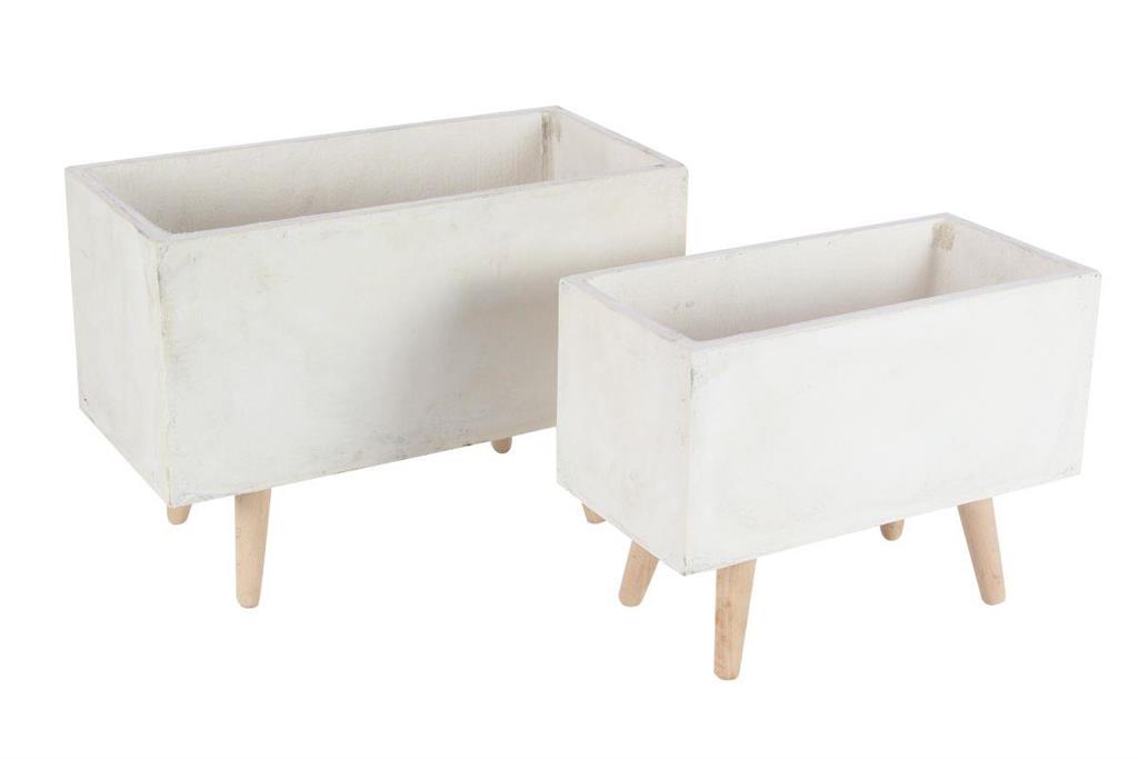 WHITE FIBERCLAY INDOOR OUTDOOR PLANTER WITH WOOD LEGS