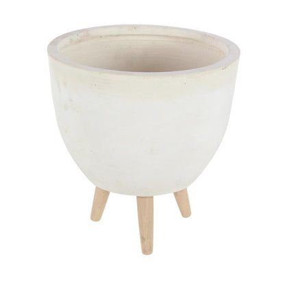 WHITE FIBERCLAY INDOOR OUTDOOR PLANTER WITH WOOD LEGS