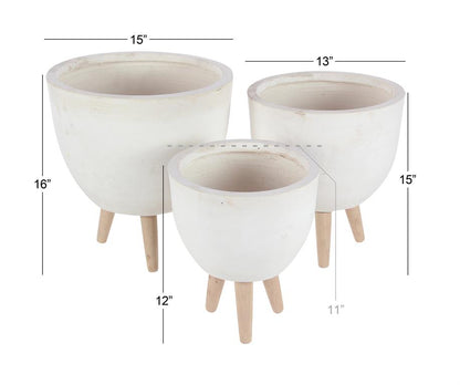 WHITE FIBERCLAY INDOOR OUTDOOR PLANTER WITH WOOD LEGS