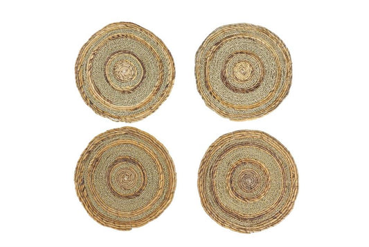 ROUND BROWN BANANA LEAF WICKER & SEAGRASS PLACEMATS SET OF 4