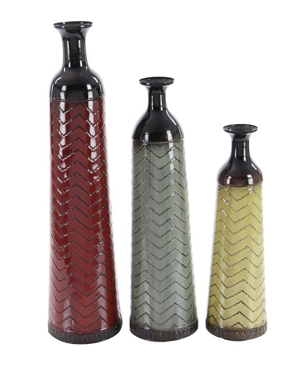 MULTI COLORED METAL TALL ENAMELED BOTTLENECK FLOOR VASE WITH CHEVRON PATTERN