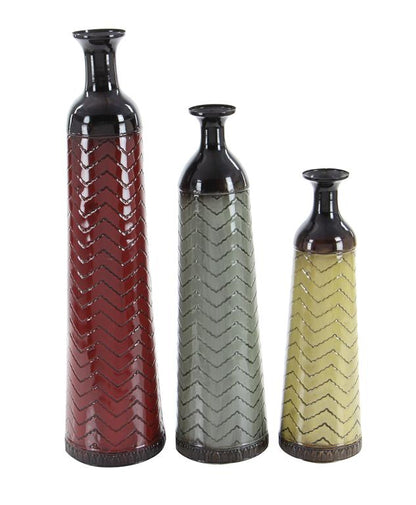 MULTI COLORED METAL TALL ENAMELED BOTTLENECK FLOOR VASE WITH CHEVRON PATTERN