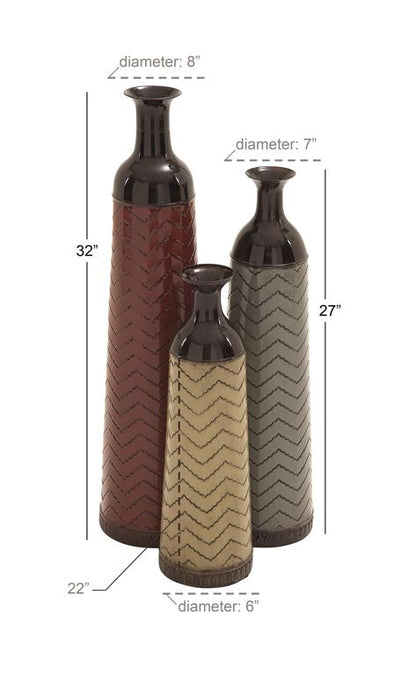 MULTI COLORED METAL TALL ENAMELED BOTTLENECK FLOOR VASE WITH CHEVRON PATTERN