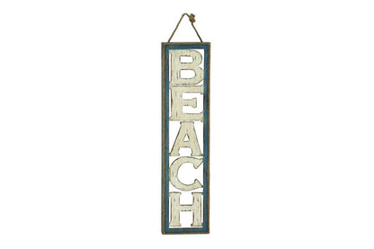 BEIGE WOOD SIGN BEACH WALL DECOR WITH ROPE HANGER