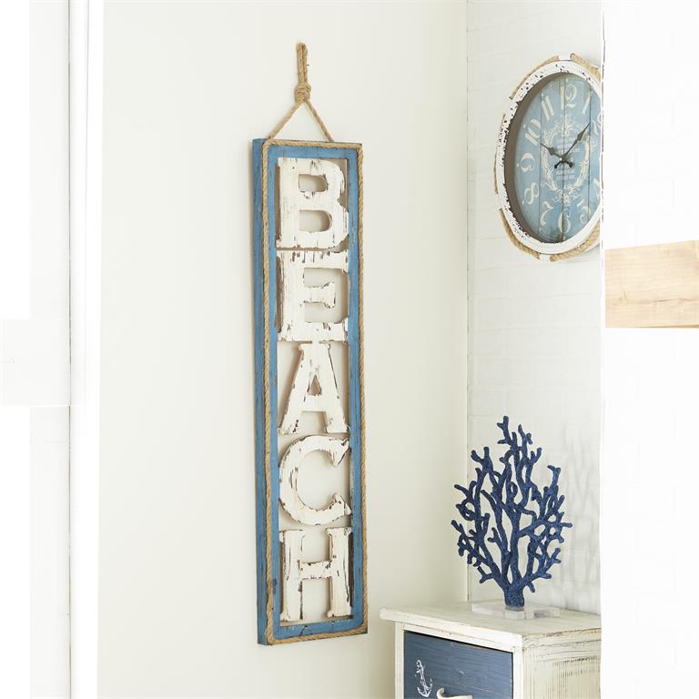 BEIGE WOOD SIGN BEACH WALL DECOR WITH ROPE HANGER