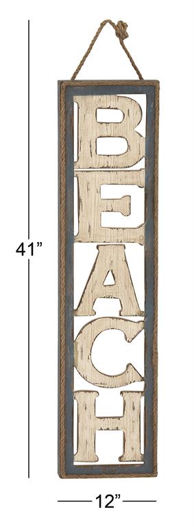 BEIGE WOOD SIGN BEACH WALL DECOR WITH ROPE HANGER