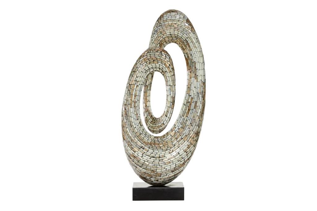 GRAY MOTHER OF PEARL ABSTRACT SWIRL SCULPTURE WITH BLACK BASE