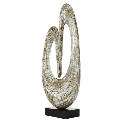 GRAY MOTHER OF PEARL ABSTRACT SWIRL SCULPTURE WITH BLACK BASE