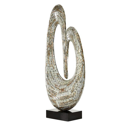 GRAY MOTHER OF PEARL ABSTRACT SWIRL SCULPTURE WITH BLACK BASE