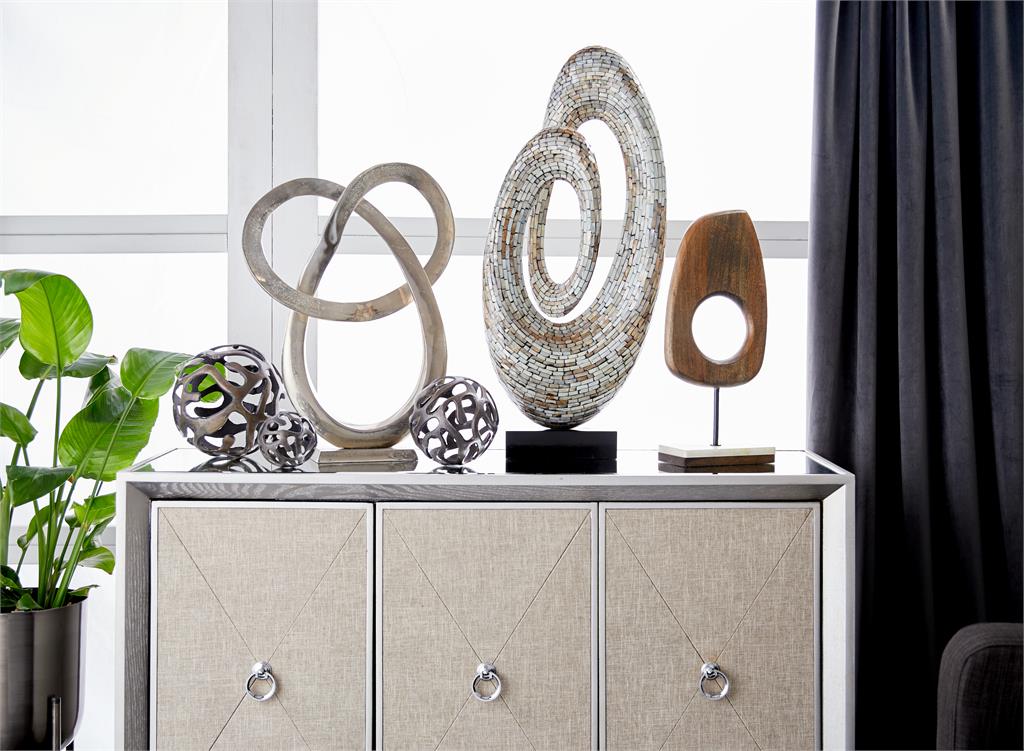 GRAY MOTHER OF PEARL ABSTRACT SWIRL SCULPTURE WITH BLACK BASE