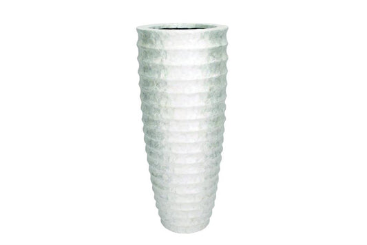 WHITE CAPIZ SHELL TALL FLOOR VASE WITH RIPPLE DESIGN
