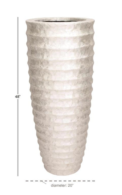 WHITE CAPIZ SHELL TALL FLOOR VASE WITH RIPPLE DESIGN