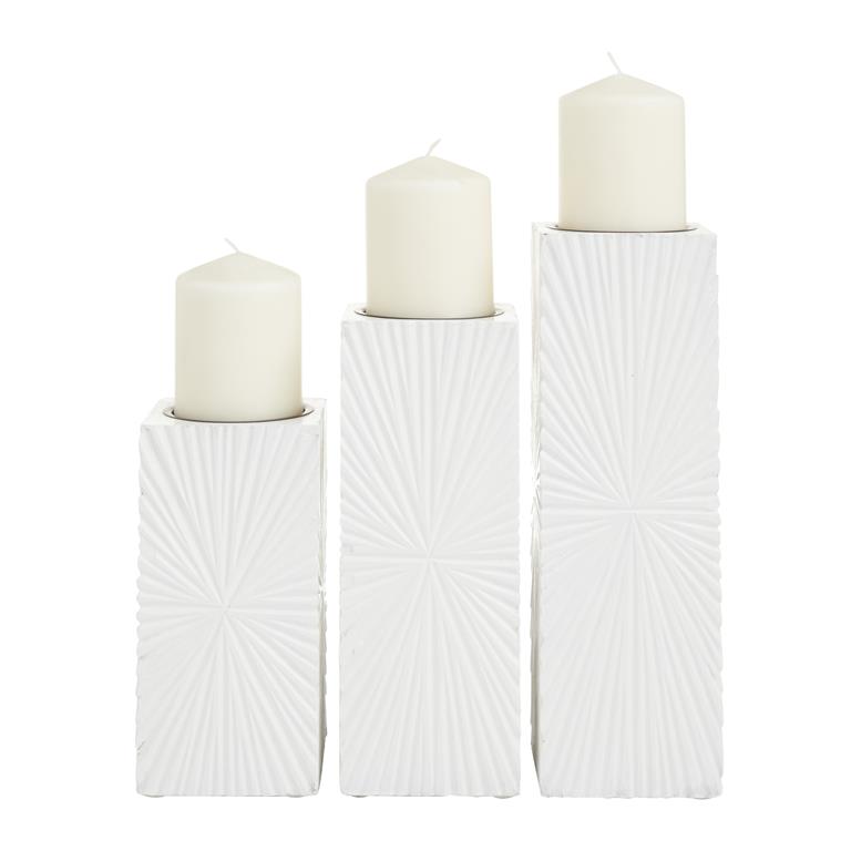 COSMOPOLITAN WHITE WOOD GEOMETRIC CARVED PILLAR CANDLE HOLDER, SET OF 3