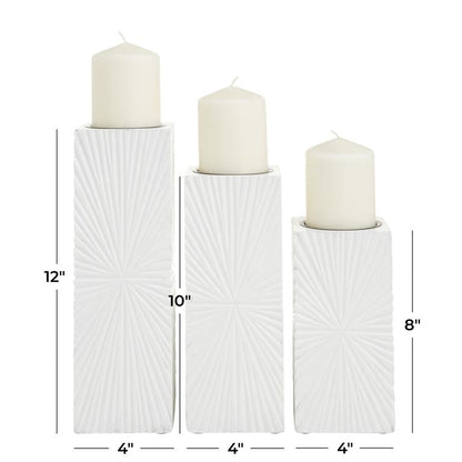 COSMOPOLITAN WHITE WOOD GEOMETRIC CARVED PILLAR CANDLE HOLDER, SET OF 3