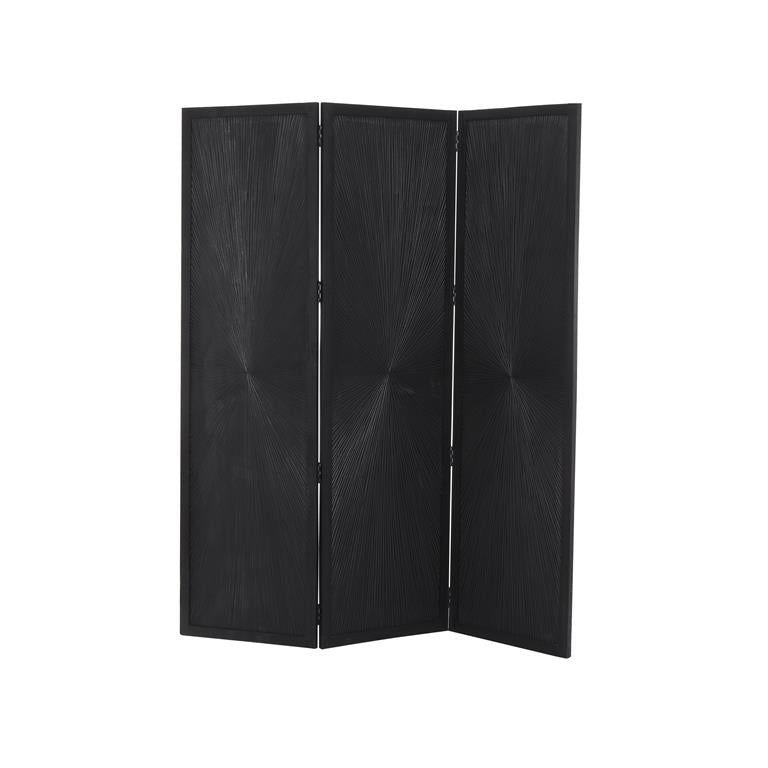 BLACK MANGO WOOD HINGED FOLDABLE PARTITION 3 PANEL ROOM DIVIDER SCREEN WITH CARVED DESIGN