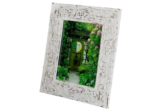 WHITE MANGO WOOD FLORAL HANDMADE INTRICATE CARVED PHOTO FRAME