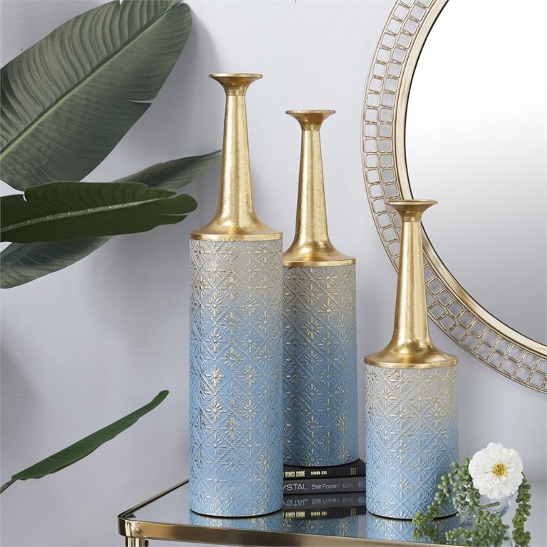 BLUE METAL FLORAL VASE WITH GOLD TOP
