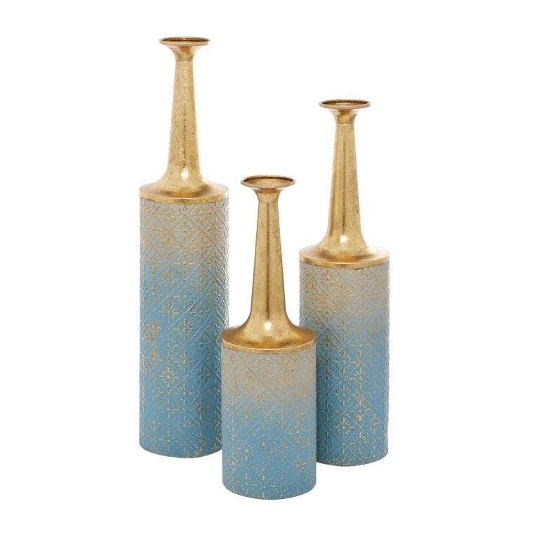 BLUE METAL FLORAL VASE WITH GOLD TOP