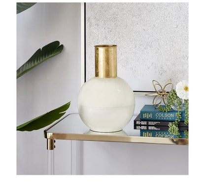 COSMOPOLITAN WHITE METAL VASE WITH GOLD ACCENT