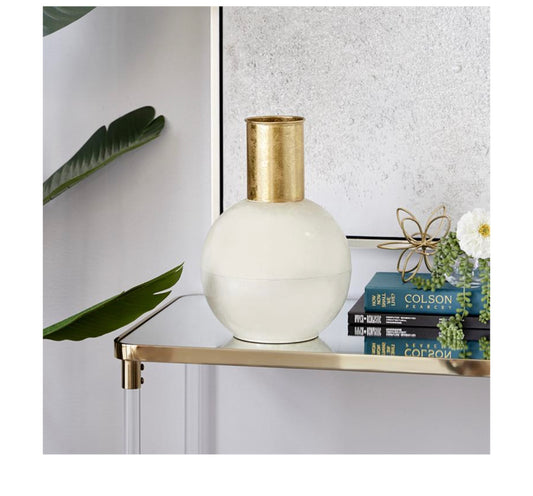 COSMOPOLITAN WHITE METAL VASE WITH GOLD ACCENT