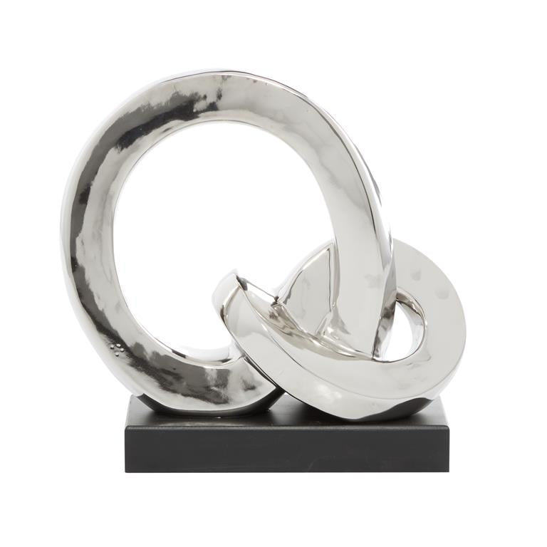 SILVER PORCELAIN ABSTRACT LINK SCULPTURE WITH BLACK BASE