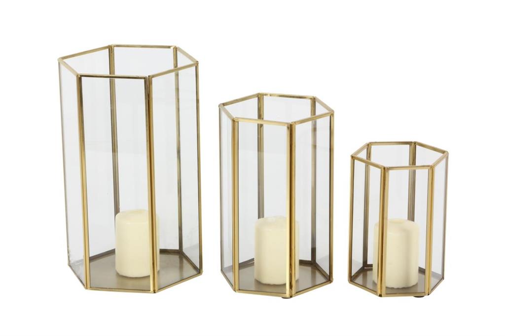 COSMOLIVING BY COSMOPOLITAN GOLD GLASS PILLAR CANDLE LANTERN WITH METAL PLATE