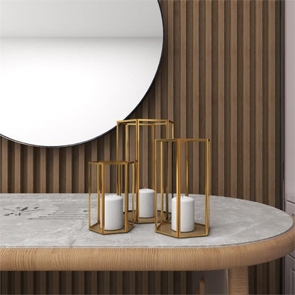 COSMOLIVING BY COSMOPOLITAN GOLD GLASS PILLAR CANDLE LANTERN WITH METAL PLATE