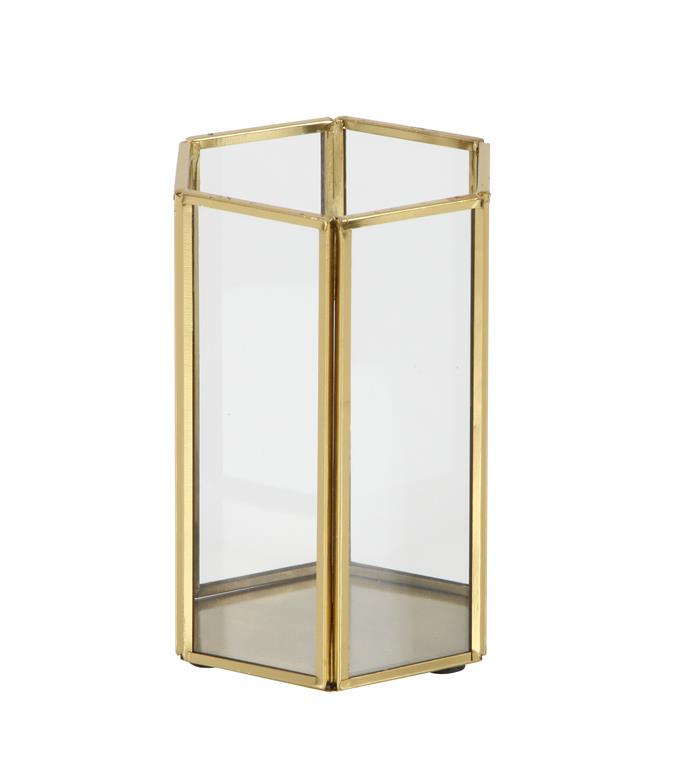 COSMOLIVING BY COSMOPOLITAN GOLD GLASS PILLAR CANDLE LANTERN WITH METAL PLATE