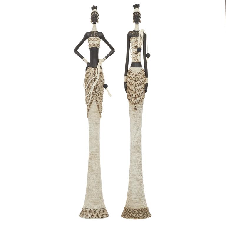 WHITE POLYSTONE WOMAN STANDING AFRICAN SCULPTURE WITH INTRICATE DETAILS 1 PIECE