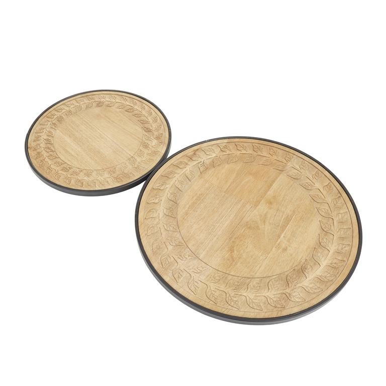BROWN WOOD FLORAL CARVED LAZY SUSAN