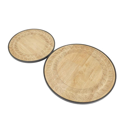 BROWN WOOD FLORAL CARVED LAZY SUSAN