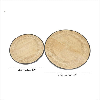 BROWN WOOD FLORAL CARVED LAZY SUSAN