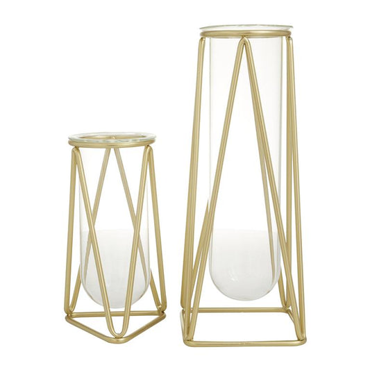COSMOLIVING BY COSMOPOLITAN GOLD GLASS TUBE VASE WITH METAL STAND