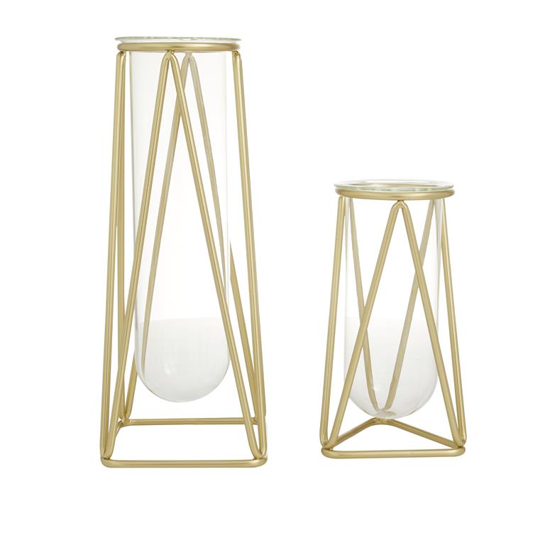 COSMOLIVING BY COSMOPOLITAN GOLD GLASS TUBE VASE WITH METAL STAND