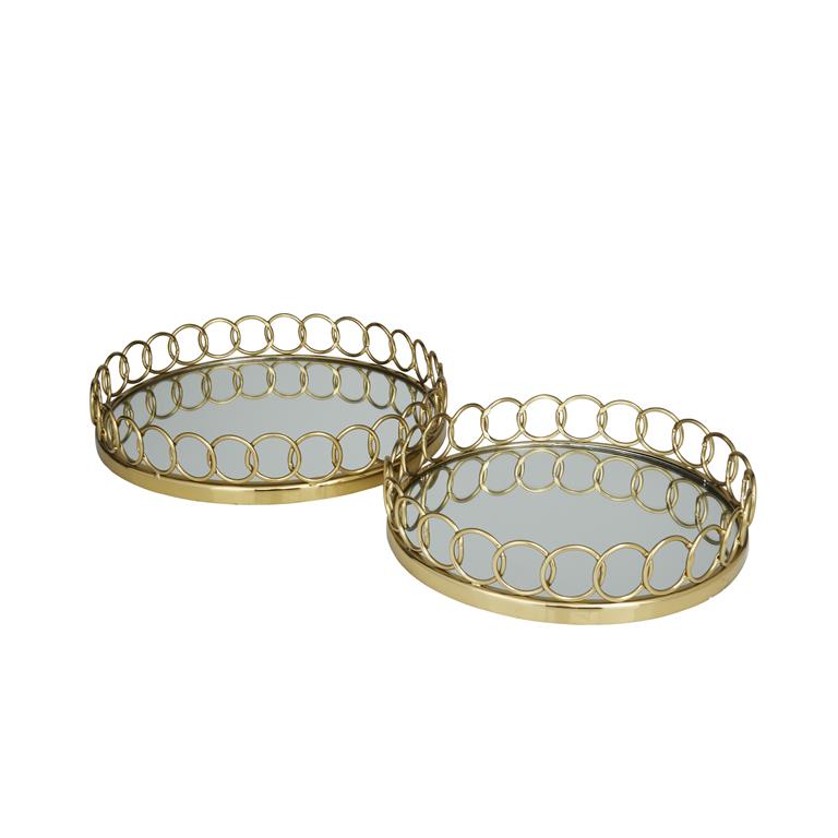 GOLD STAINLESS STEEL MIRRORED TRAY WITH CIRCLE PATTERNED SIDES