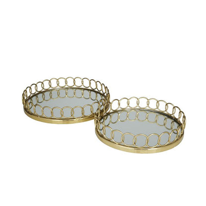 GOLD STAINLESS STEEL MIRRORED TRAY WITH CIRCLE PATTERNED SIDES