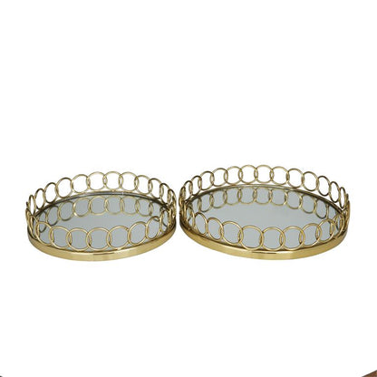 GOLD STAINLESS STEEL MIRRORED TRAY WITH CIRCLE PATTERNED SIDES