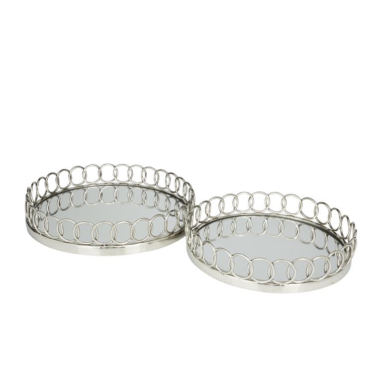 SILVER STAINLESS STEEL MIRRORED TRAY WITH CIRCLE PATTERNED SIDES