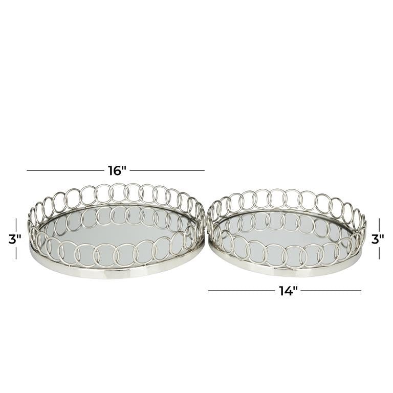 SILVER STAINLESS STEEL MIRRORED TRAY WITH CIRCLE PATTERNED SIDES