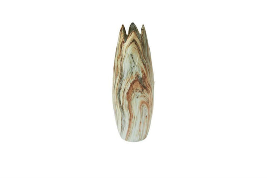 BEIGE CERAMIC MARBLED VASE WITH ANGLED EDGE OPENING,