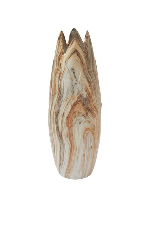 BEIGE CERAMIC MARBLED VASE WITH ANGLED EDGE OPENING,