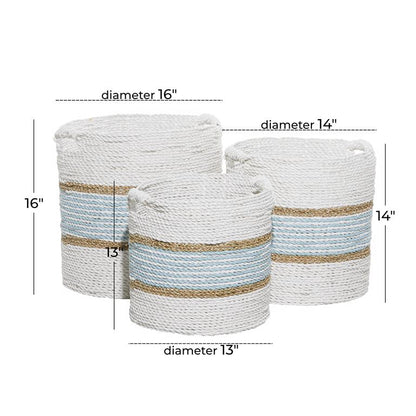 WHITE WOOD HANDMADE TWO TONED STORAGE BASKET WITH HANDLES