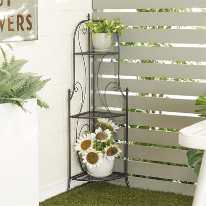 BLACK METAL SCROLL INDOOR OUTDOOR TALL FOLDING 3 SHELF BAKERS RACK