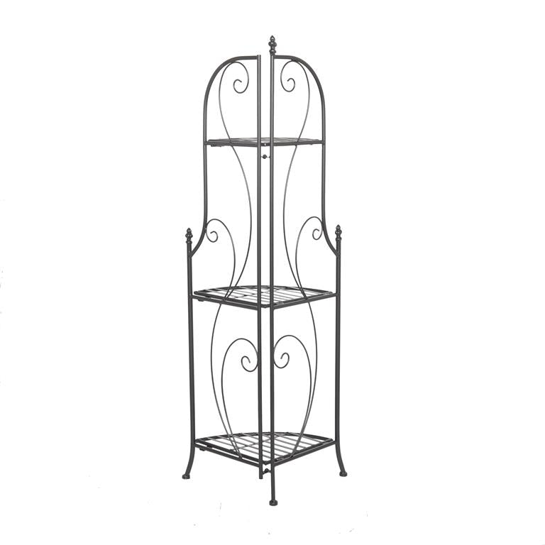 BLACK METAL SCROLL INDOOR OUTDOOR TALL FOLDING 3 SHELF BAKERS RACK