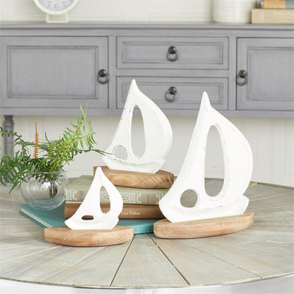 WHITE WOOD SAIL BOAT SCULPTURE WITH WOOD BASE,