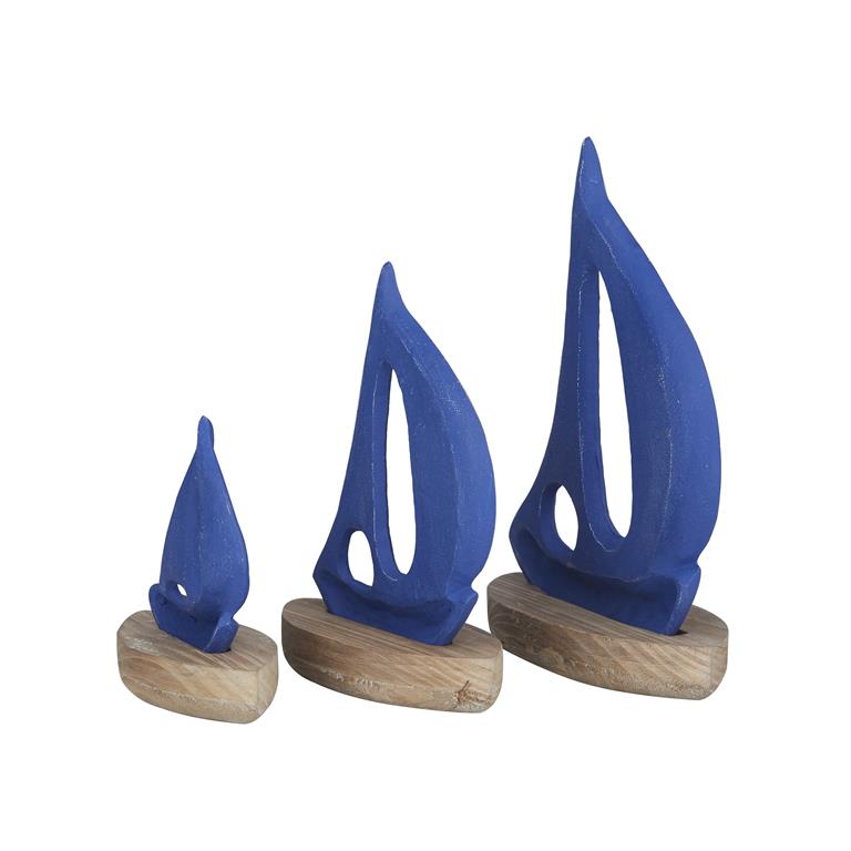BLUE METAL SAIL BOAT SCULPTURE WITH WOOD BASE
