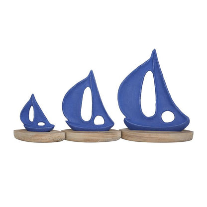 BLUE METAL SAIL BOAT SCULPTURE WITH WOOD BASE